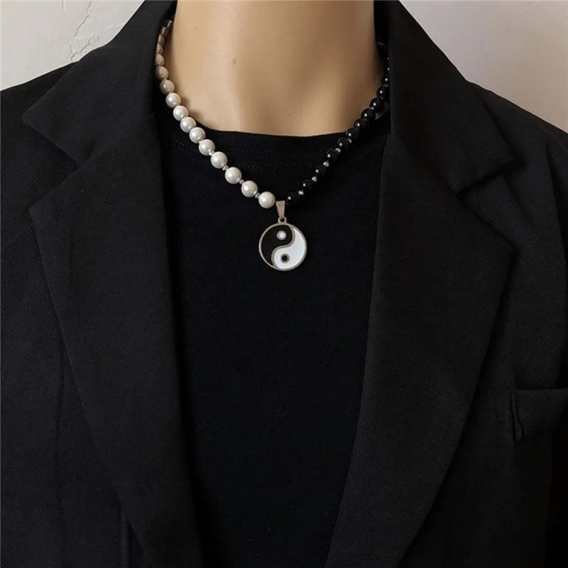 Yin Yang Black and White Beaded Pendant Necklace