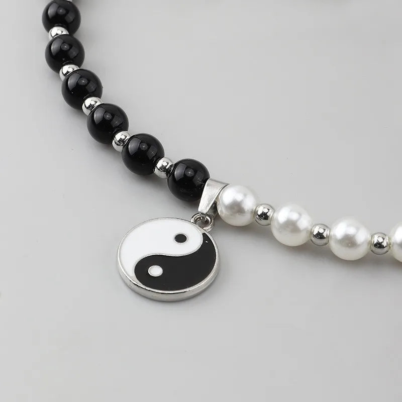 Yin Yang Black and White Beaded Pendant Necklace