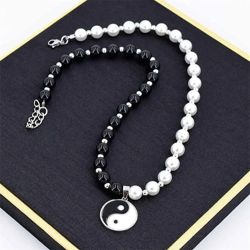 Yin Yang Black and White Beaded Pendant Necklace