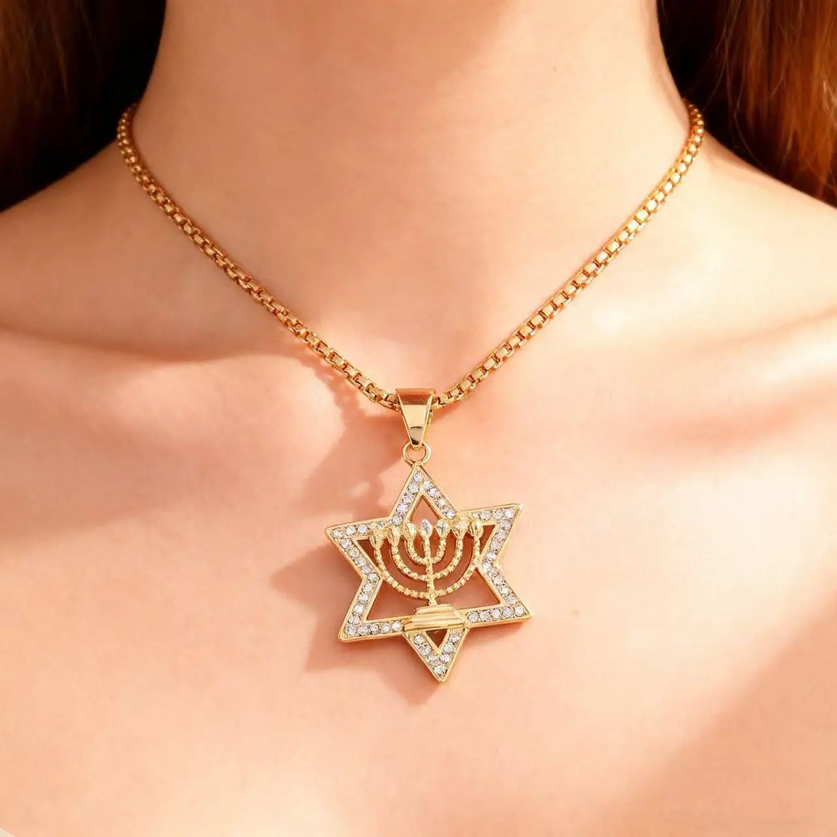 Necklace with Star of David pendant and Jewish identity Menorah symbol gold