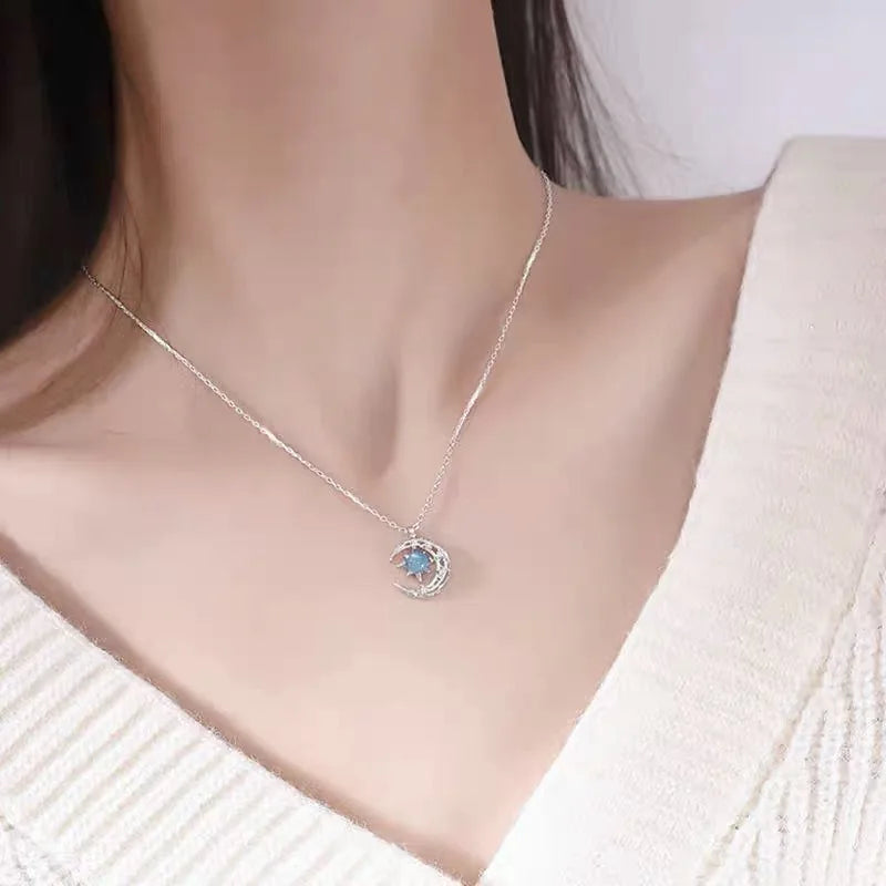 Necklace with Moonstone and Zircon Star Pendant for Women in silver