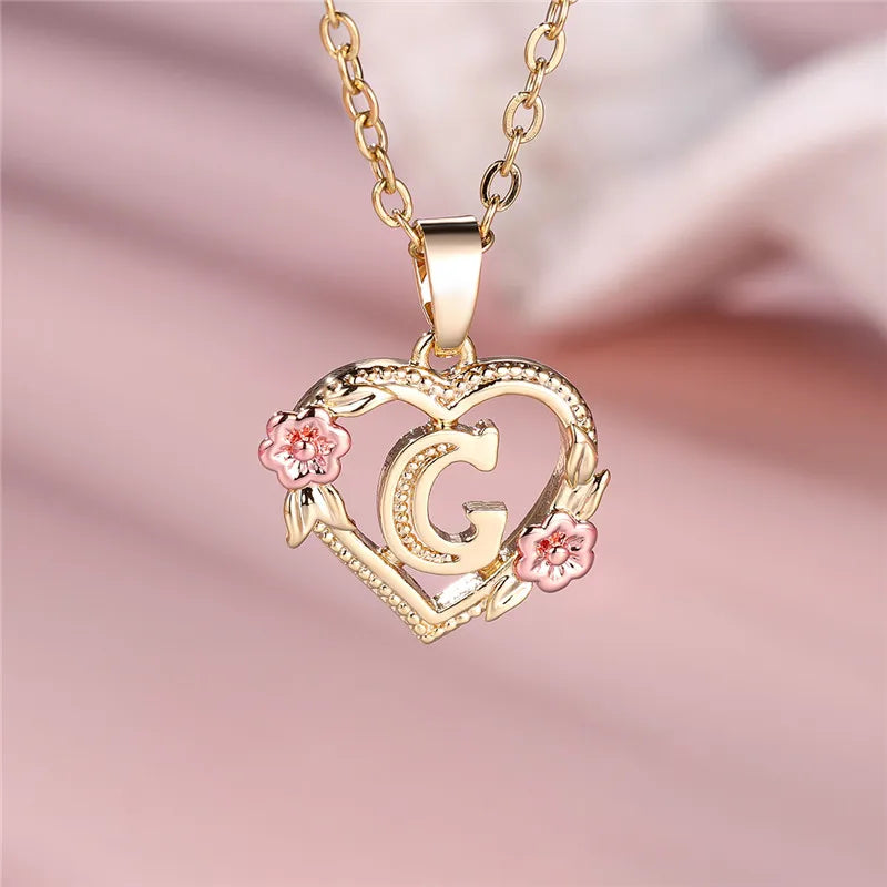 Heart and Flower Initial Pendant Necklace g
