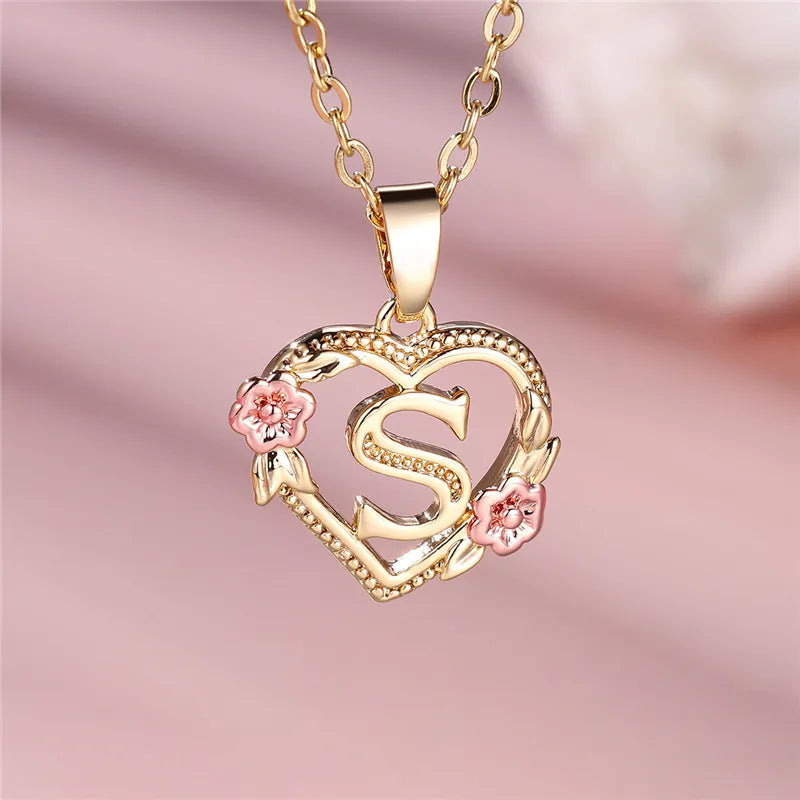 Heart and Flower Initial Pendant Necklace s