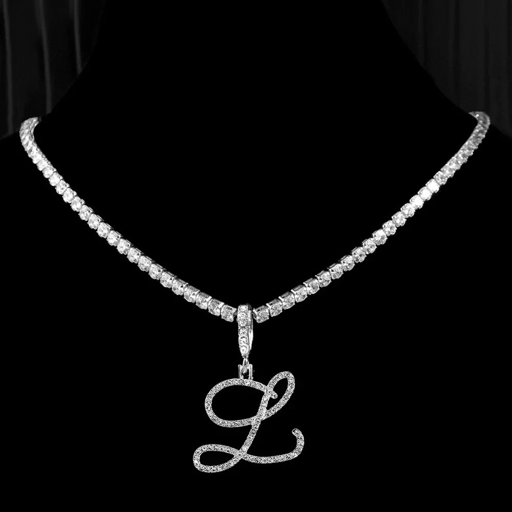 Choker necklace with initial pendant and rhinestone l