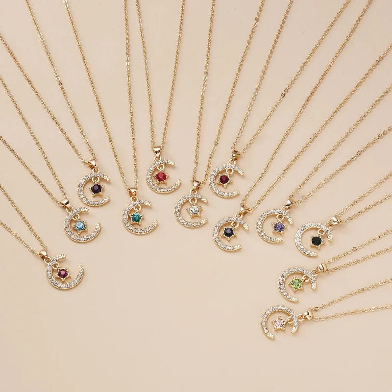 Collier avec Pendentif Lune en Strass Pierre de Naissance