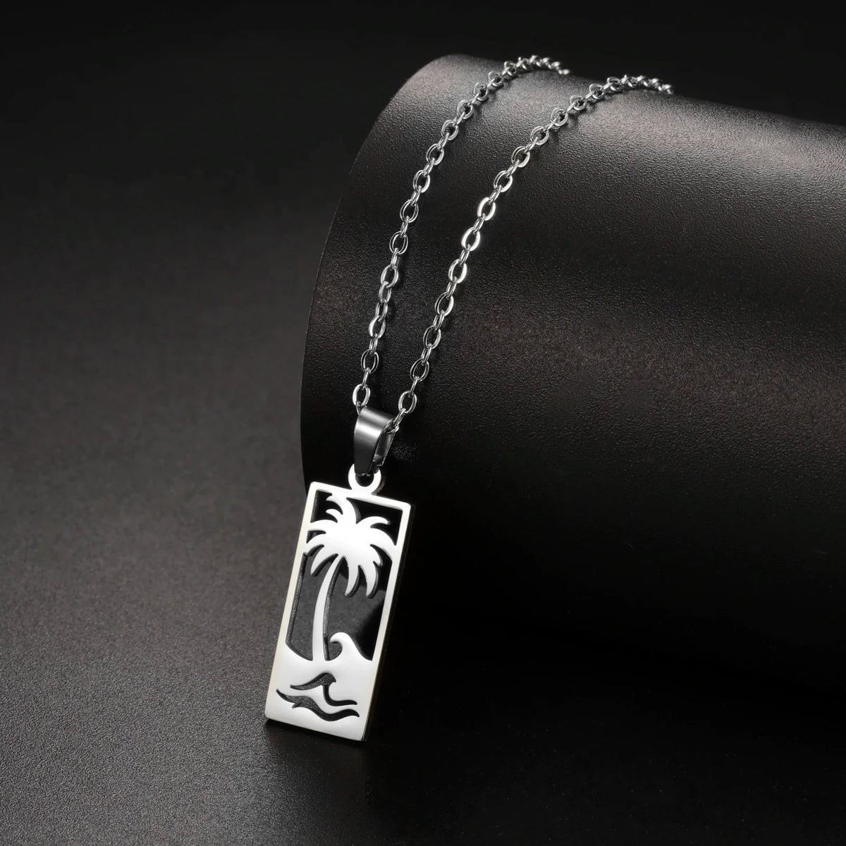 Palm Tree and Beach Wave Pendant Necklace in Silver