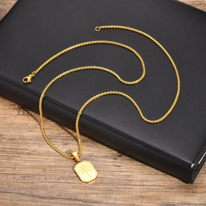 Necklace with Rectangular Palm Tree Pendant, gold