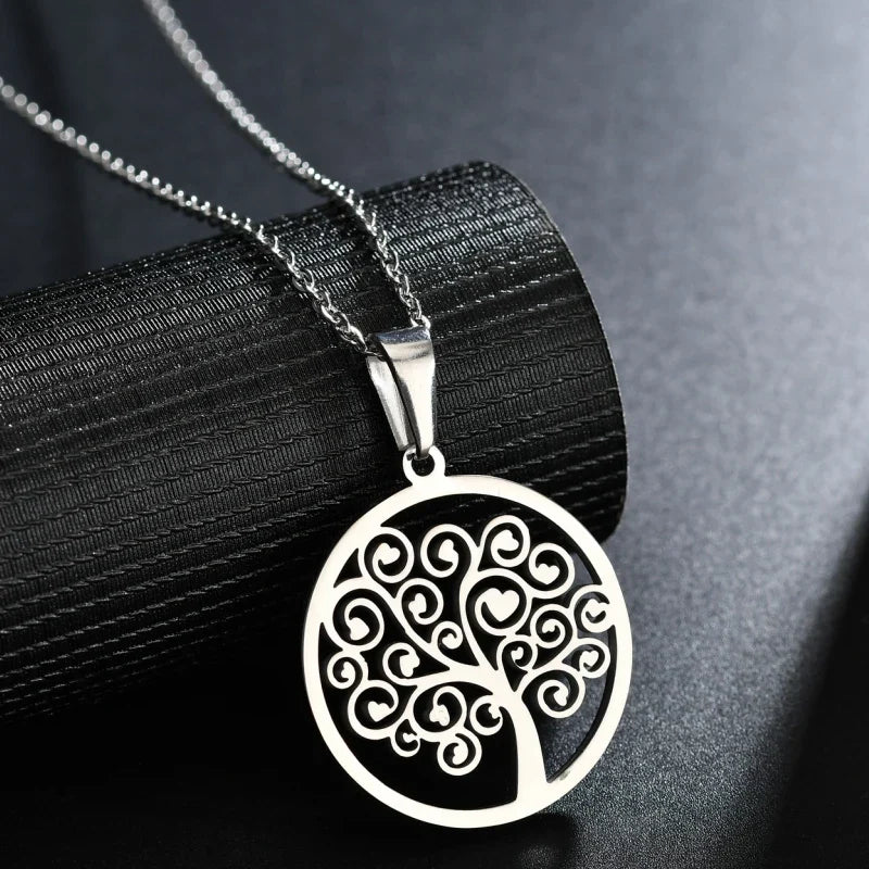 Round Tree of Life Pendant Necklace for Women - silver