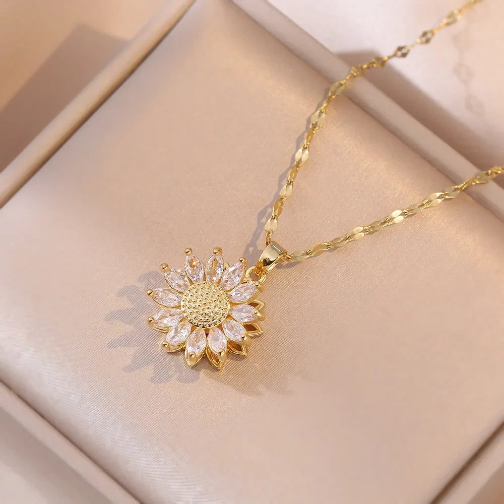 Rotating Flower Zircon Anxiety Pendant Necklace gold