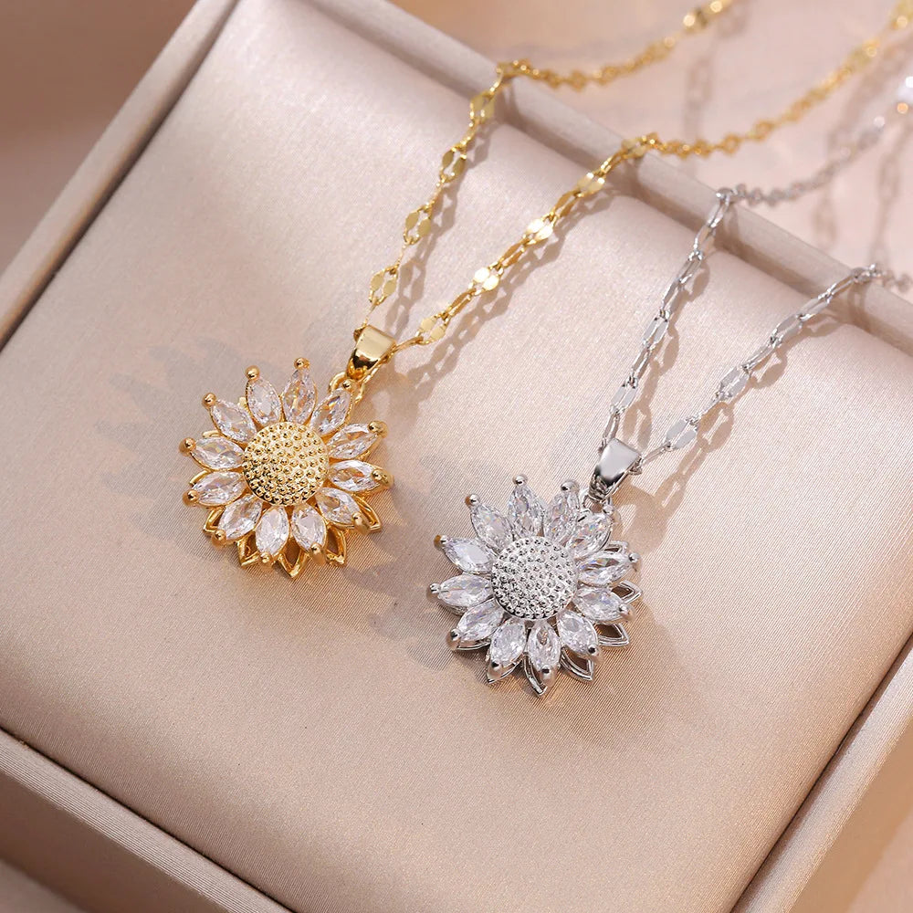 Rotating Flower Zircon Anxiety Pendant Necklace gold