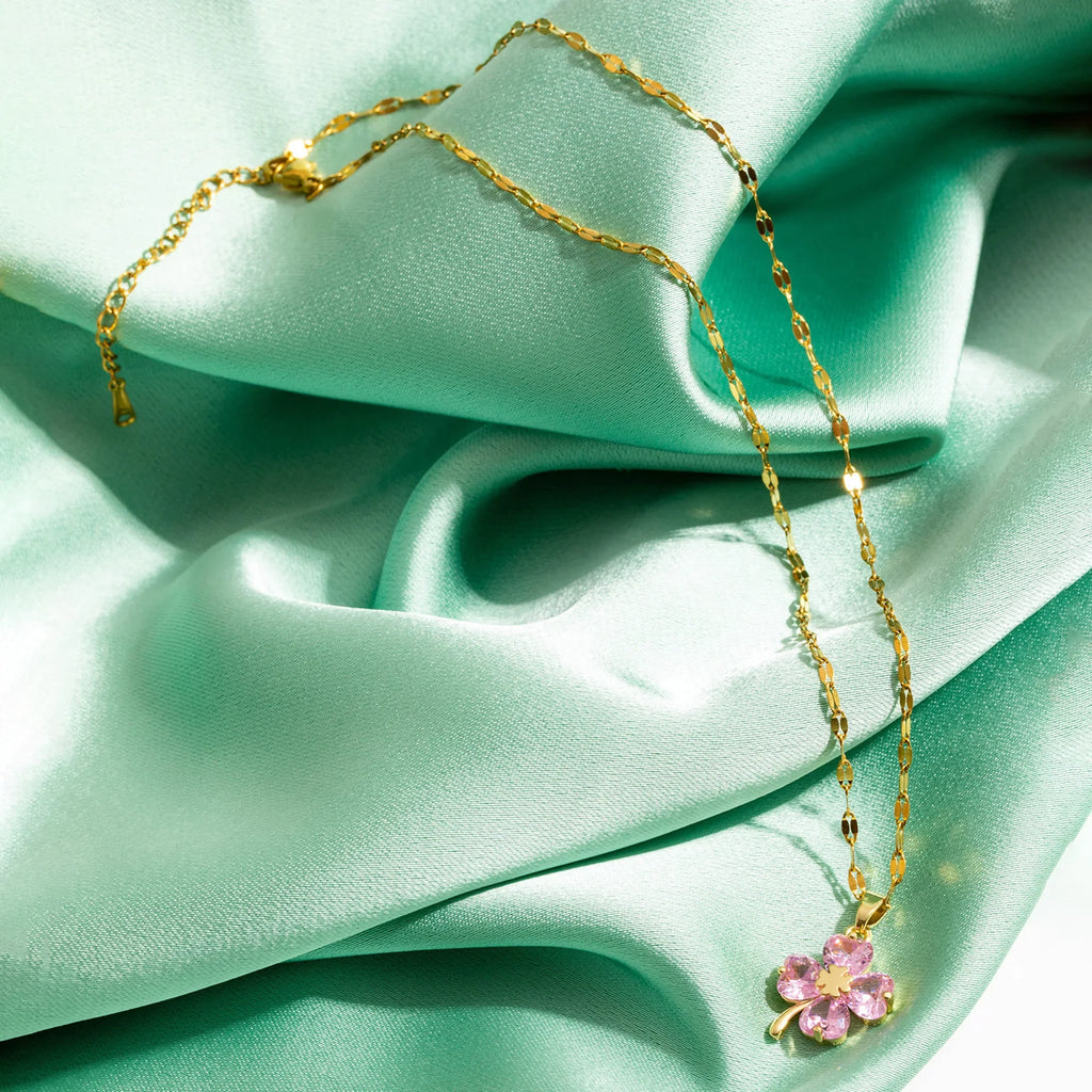Collier avec Pendentif Trèfle à 4 Feuilles Coloré or et rose