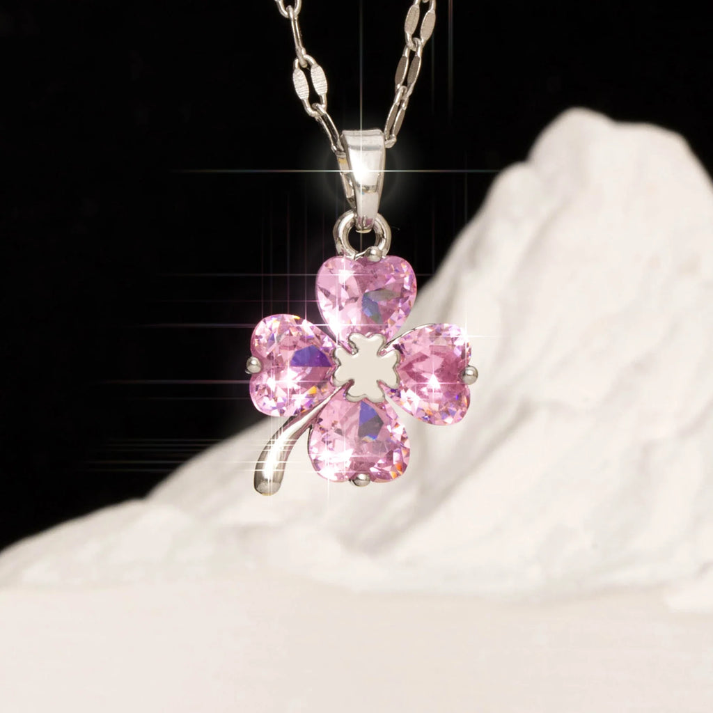 Collier avec Pendentif Trèfle à 4 Feuilles Coloré argent et rose