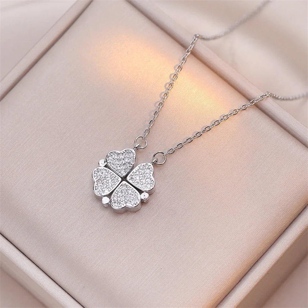 Choker Necklace with Heart and Four-Leaf Clover Pendants for Women silver