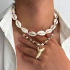 Set of 2 bohemian shell necklaces and white shark tooth pendant