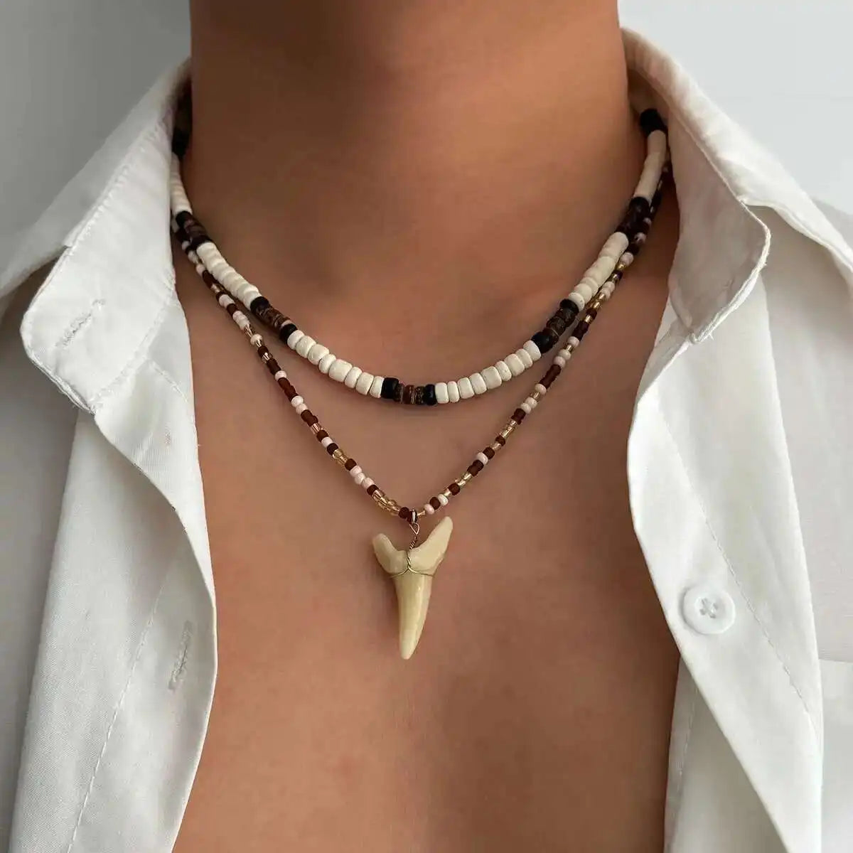 Set of 2 bohemian shell necklaces and brown shark tooth pendant