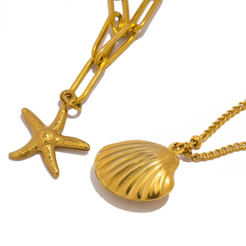 Collier Double Rang Pendentifs Coquillages Coquille Saint-Jacques et Etoile de Mer