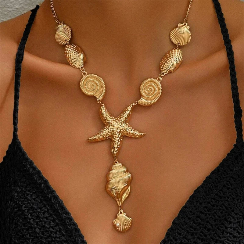 Ожерелье в форме Y с ракушкой и морской звездой