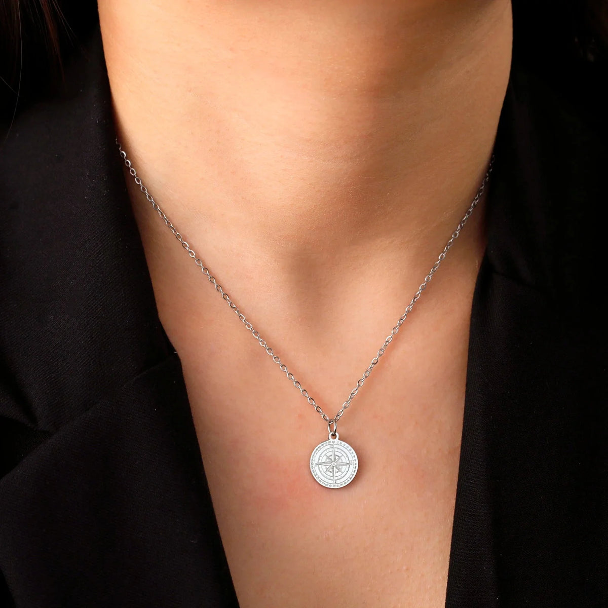Women's Necklace with Compass Pendant, Wind Rose, Cardinal, Silver