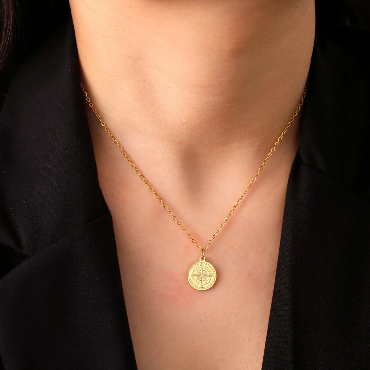 Women's Necklace with Compass Pendant, Wind Rose, Cardinal, Gold