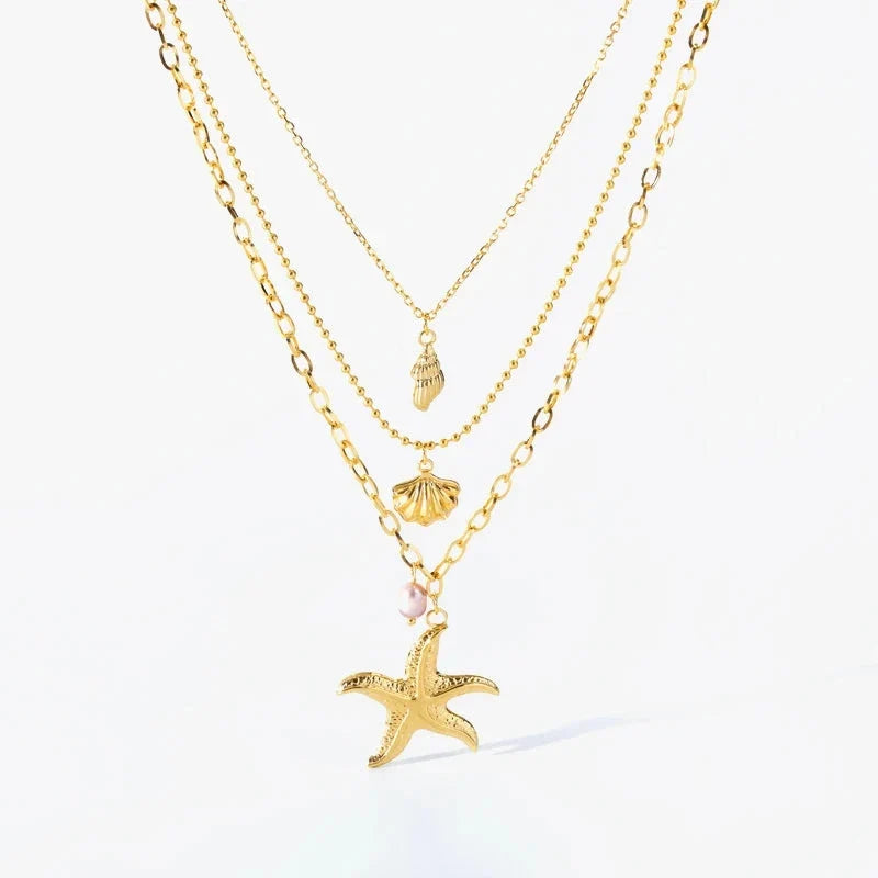 Collier Multirang Pendentif Coquillage Etoile de Mer Conque Coquille Saint-Jacques