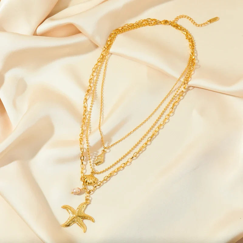 Collier Multirang Pendentif Coquillage Etoile de Mer Conque Coquille Saint-Jacques