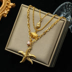Collier Multirang Pendentif Coquillage Etoile de Mer Conque Coquille Saint-Jacques