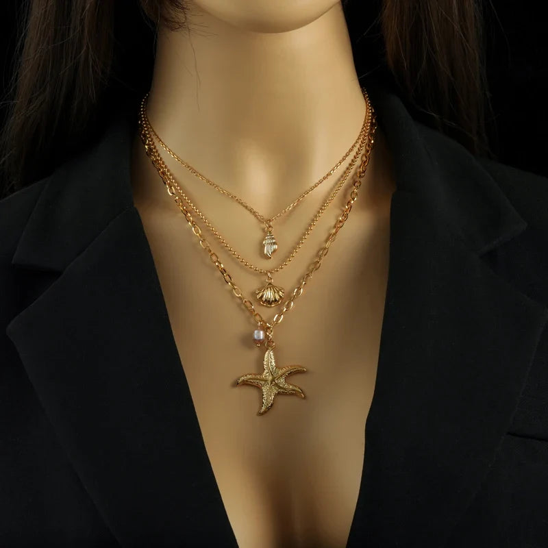 Collier Multirang Pendentif Coquillage Etoile de Mer Conque Coquille Saint-Jacques