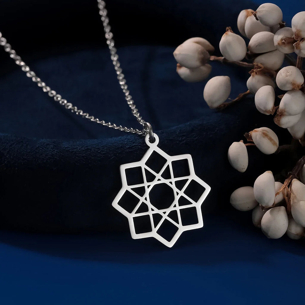 Collier Octagramme Pendentif Mandala Géométrie Sacrée argent
