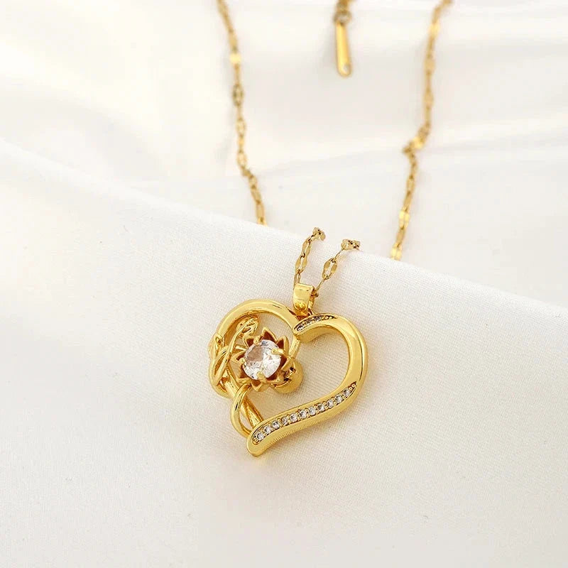 Pendant Necklace with Heart and Rotating Flower Stress-Relief