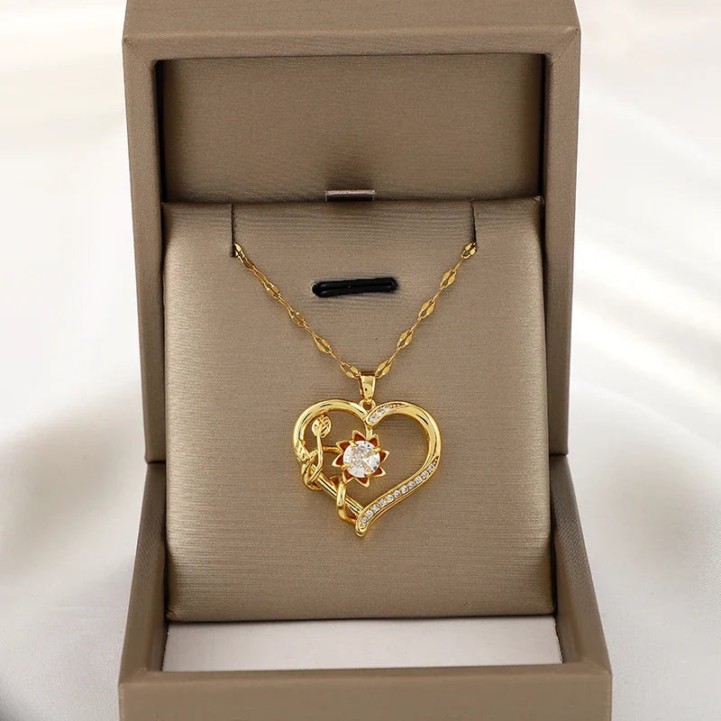 Pendant Necklace with Heart and Rotating Flower Stress-Relief