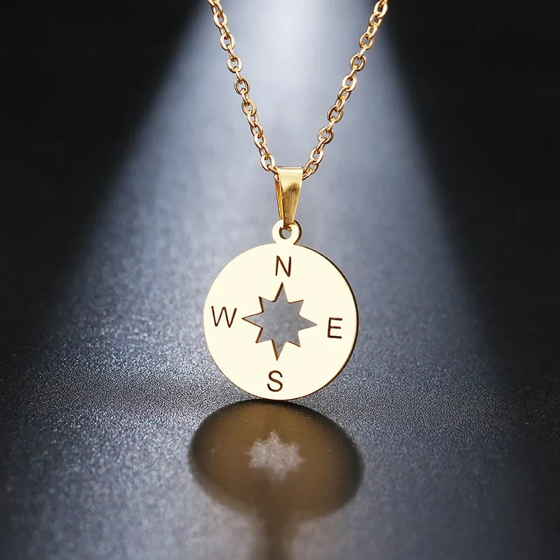 Cardinal Compass Pendant Necklace Wind Rose Gold