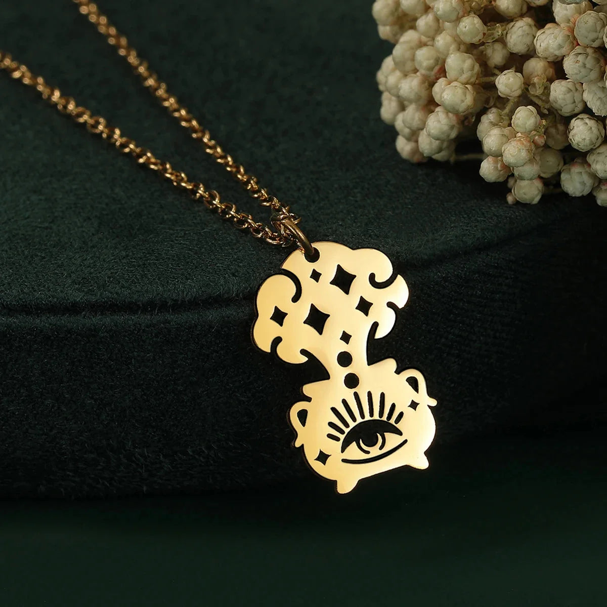 Wiccan Witchcraft Cauldron Pendant Necklace in Gold