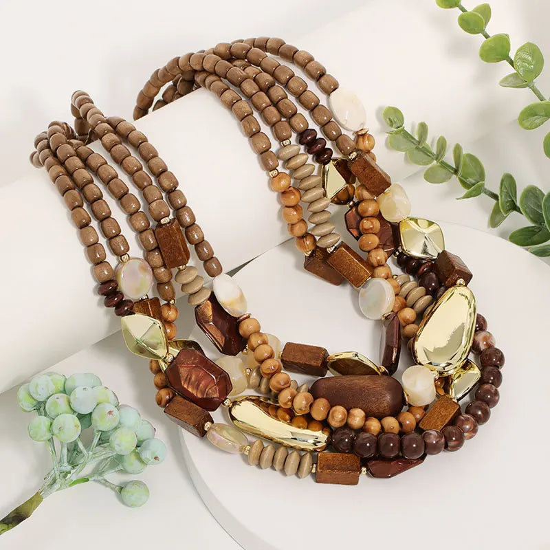 Brown Bead and Wood Pendant Necklace