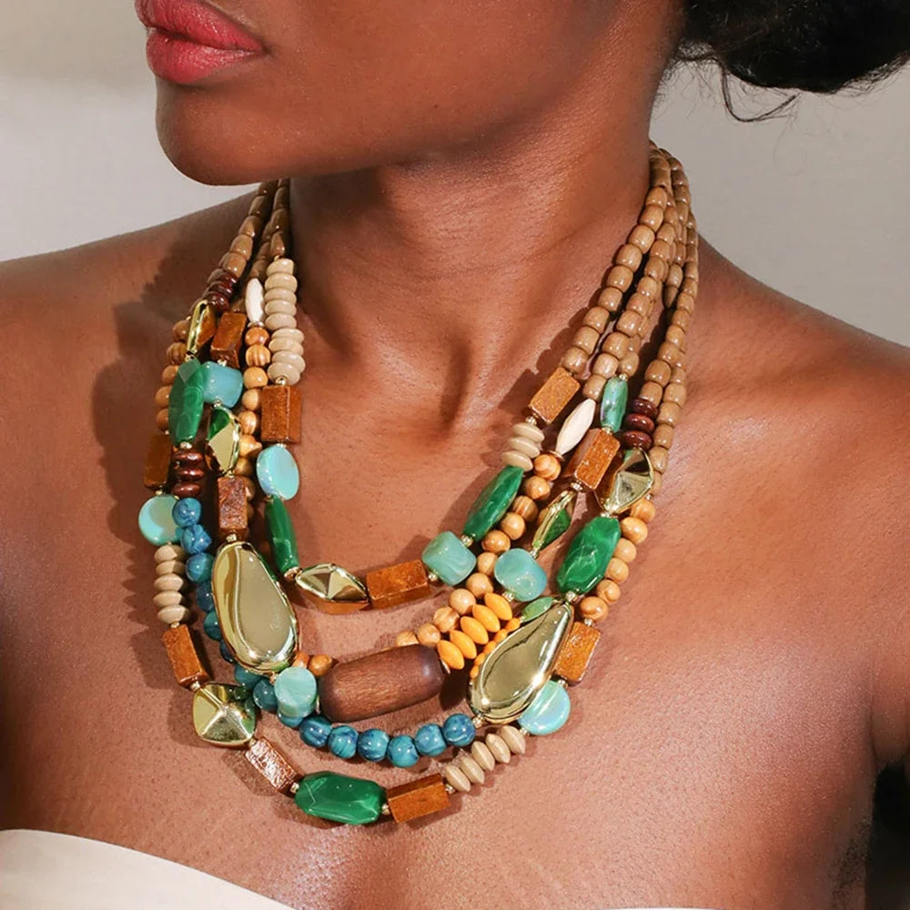 Green Bead and Wood Pendant Necklace