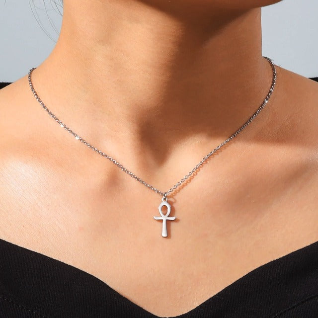 Egyptian Ankh Cross Pendant Necklace for Women, silver
