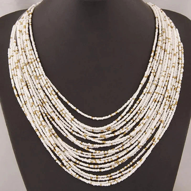 Collier Pendentif Ethniques Africains Multirangs blanc