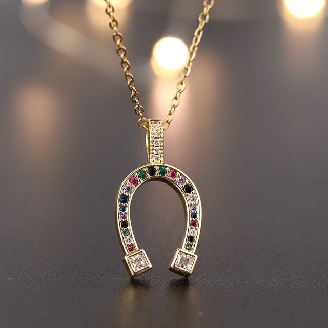 Multicolored Lucky Horseshoe Pendant Necklace