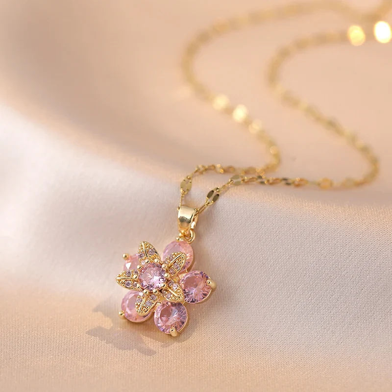Colorful Flower Pendant Necklace in Pink Zircon