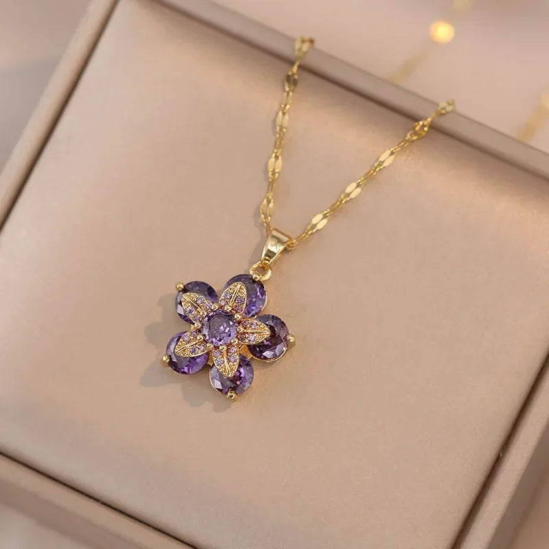 Colorful Flower Pendant Necklace in Purple Zircon