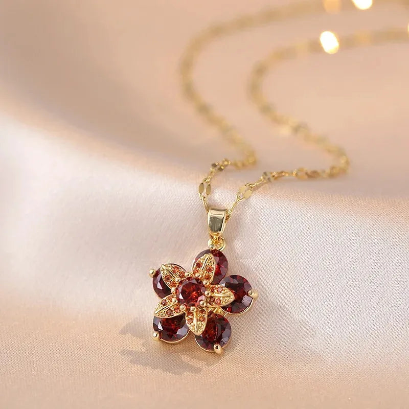 Colorful Flower Pendant Necklace in Red Zircon
