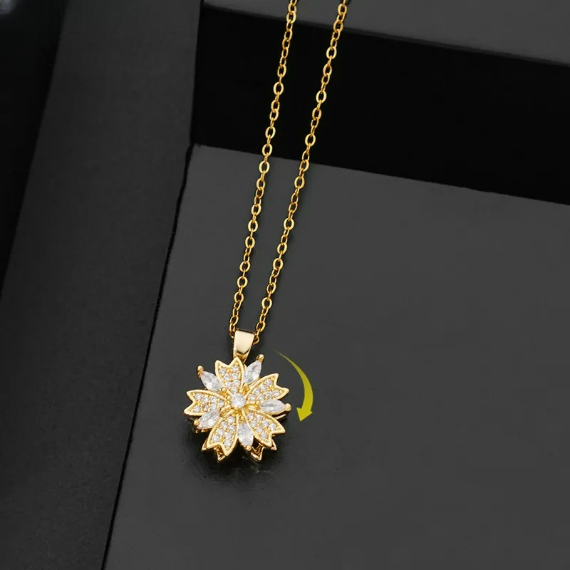 Anti-Stress Rotating Zircon Flower Pendant Necklace gold