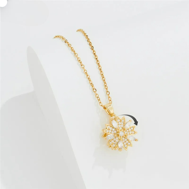 Anti-Stress Rotating Zircon Flower Pendant Necklace gold
