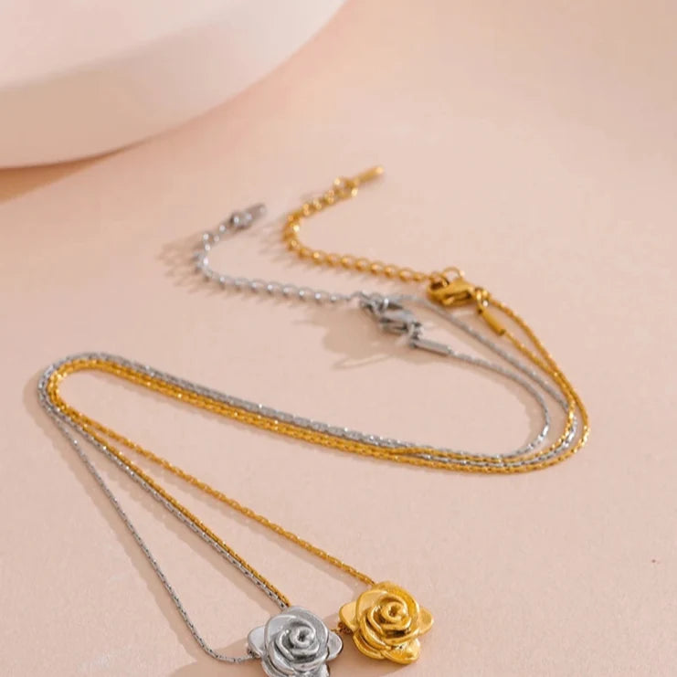 Gold Large Rose Flower Pendant Necklace