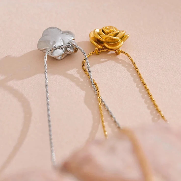 Silver Large Rose Flower Pendant Necklace