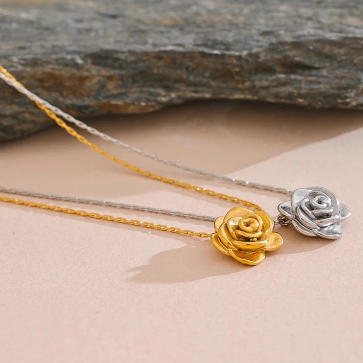 Silver Large Rose Flower Pendant Necklace