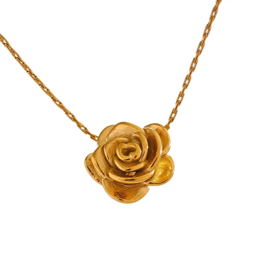 Gold Large Rose Flower Pendant Necklace