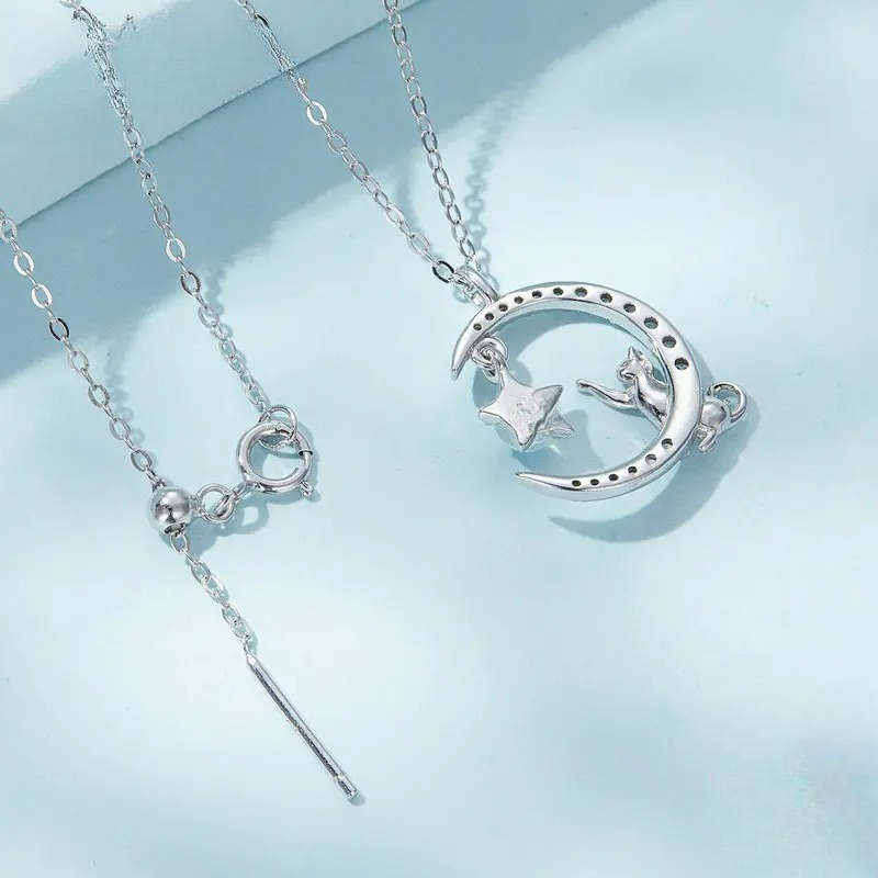 Moon Pendant Necklace with Zircon and Cat