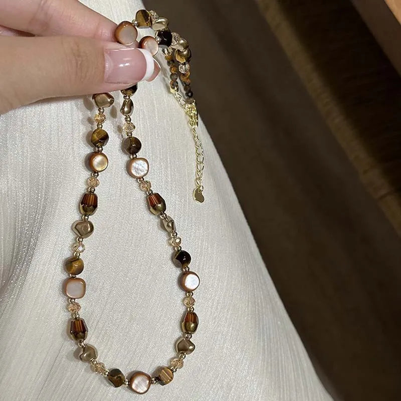 Tiger's Eye Beaded Choker Pendant Necklace A