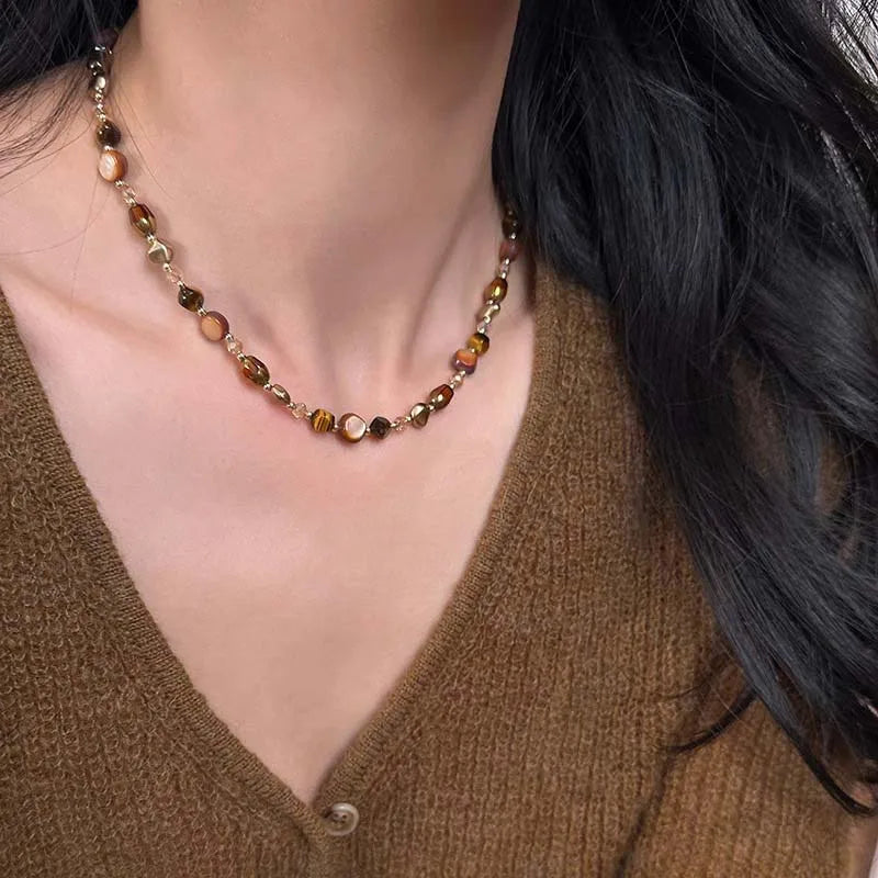 Tiger's Eye Beaded Choker Pendant Necklace A