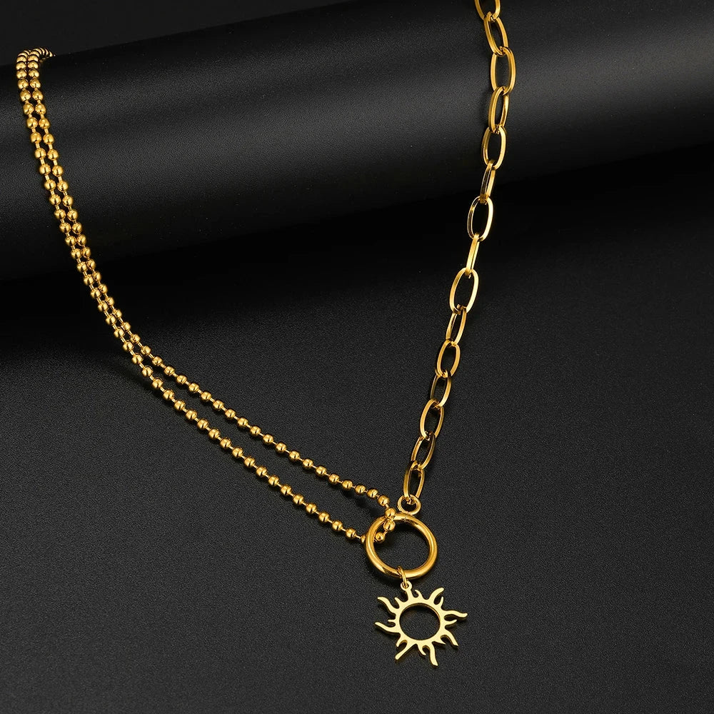 Ожерелье с асимметричным кулоном-солнцем, позолота